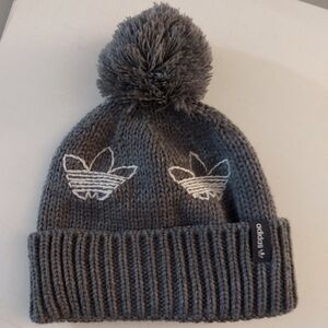 Adidas Originals knitted gray beanie with pom and white trefoil knitted logo